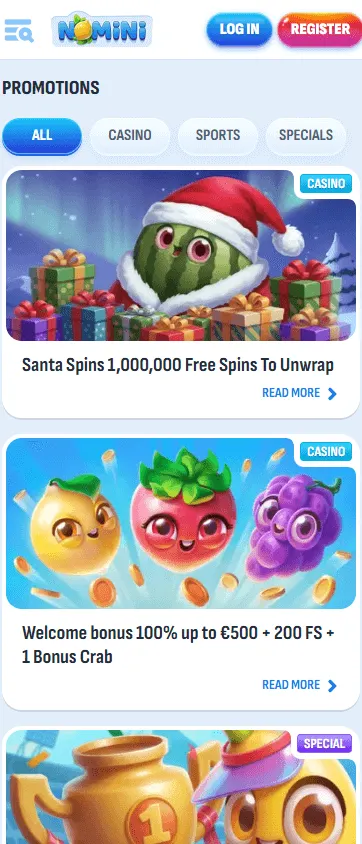 Nomini Casino promotions area on a mobile device