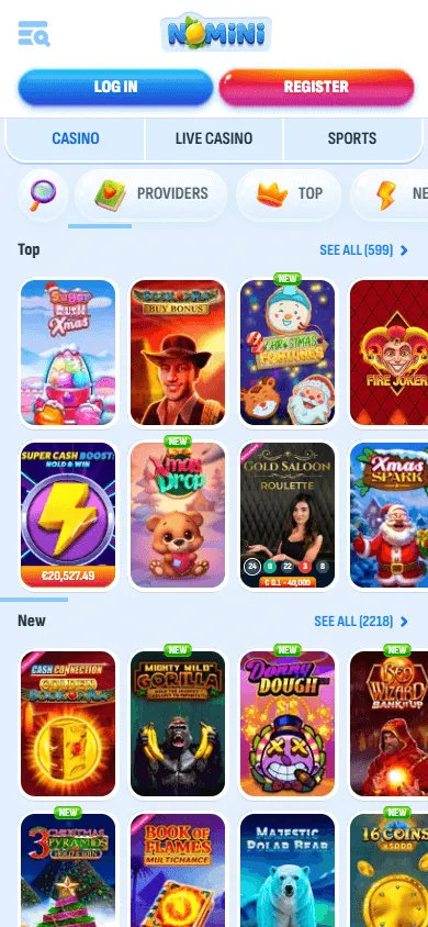 Nomini Casino games lobby on a mobile device